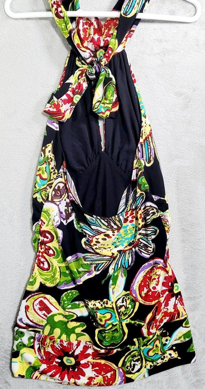 Bisou Bisou Top Womens Medium Multicolor Floral Halter Ruched Bodycon Short - Picture 3 of 5